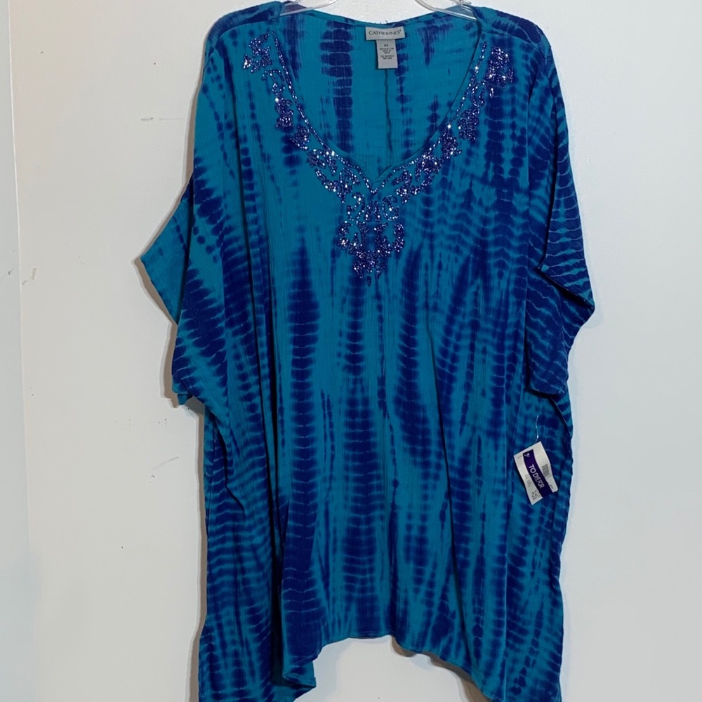 NWT Catherines Teal and Blue Tie Dye Beaded Blouse